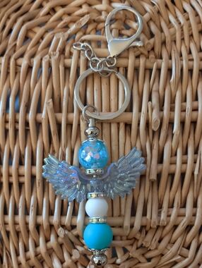 Handmade Angel Wing Keychain - Turquoise & White Beaded Key Holder
